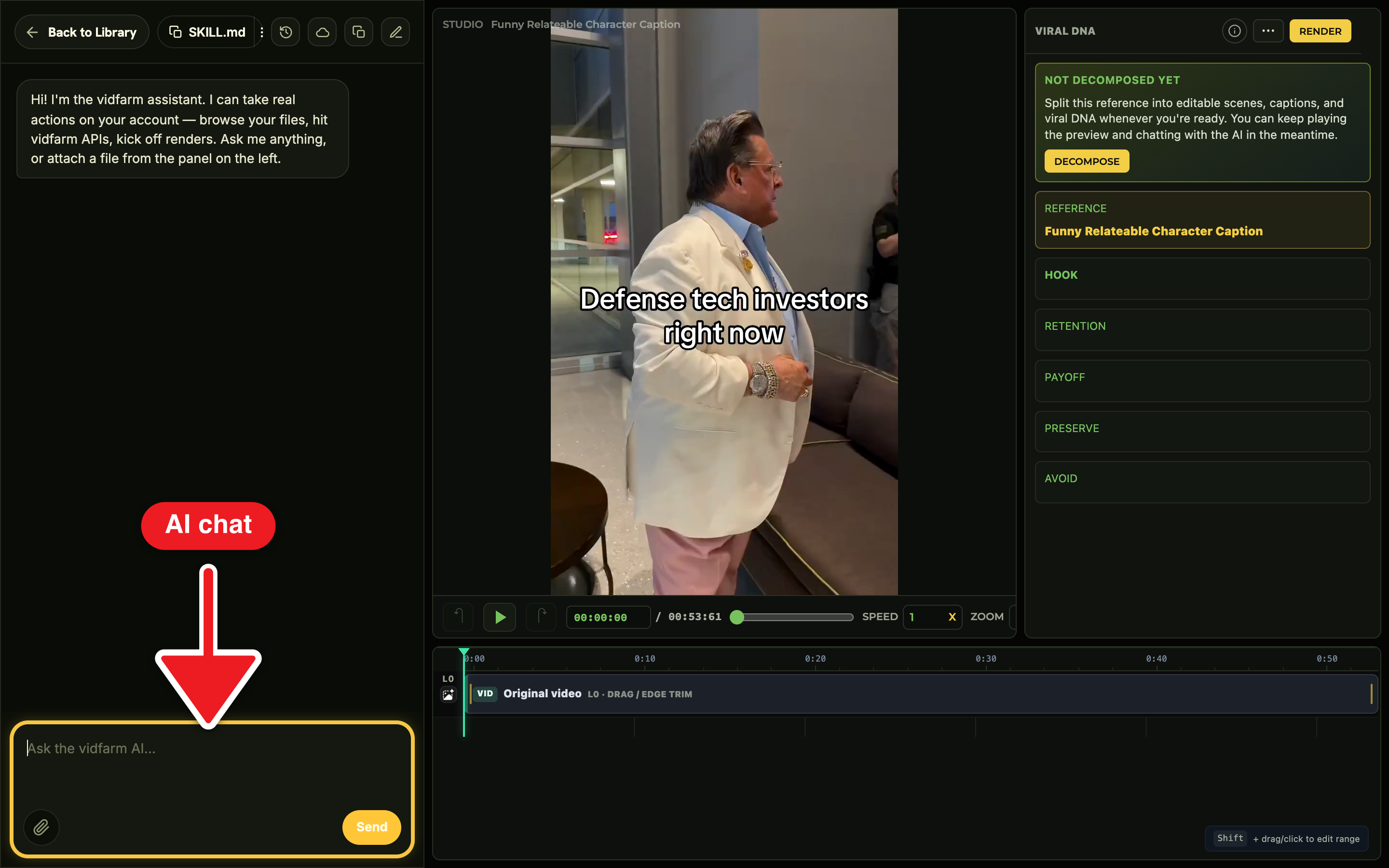The Trackpad Editor full view: a video canvas up top, a multi-track timeline of layers below, and an AI chat dock on the right mid-conversation where the user asked to replace scene 2 with a product demo.