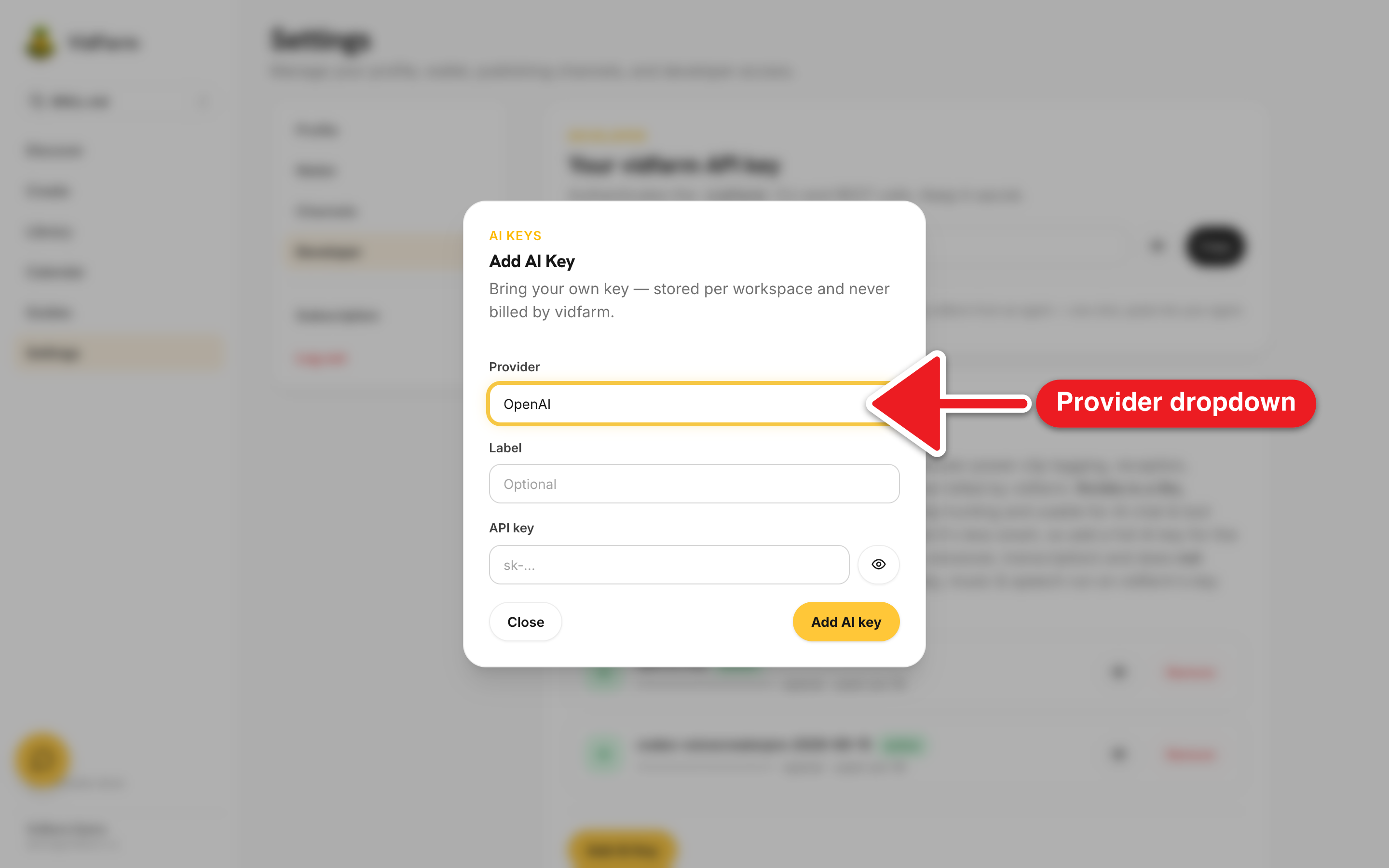 The 'Add AI Key' dialog open over the Developer settings tab, with the Provider dropdown expanded showing all five options: OpenAI, Gemini, OpenRouter, Nvidia (clipping only), and ElevenLabs (audio only). Below are a Label field and a masked API key input, with Close and gold 'Add AI key' buttons.