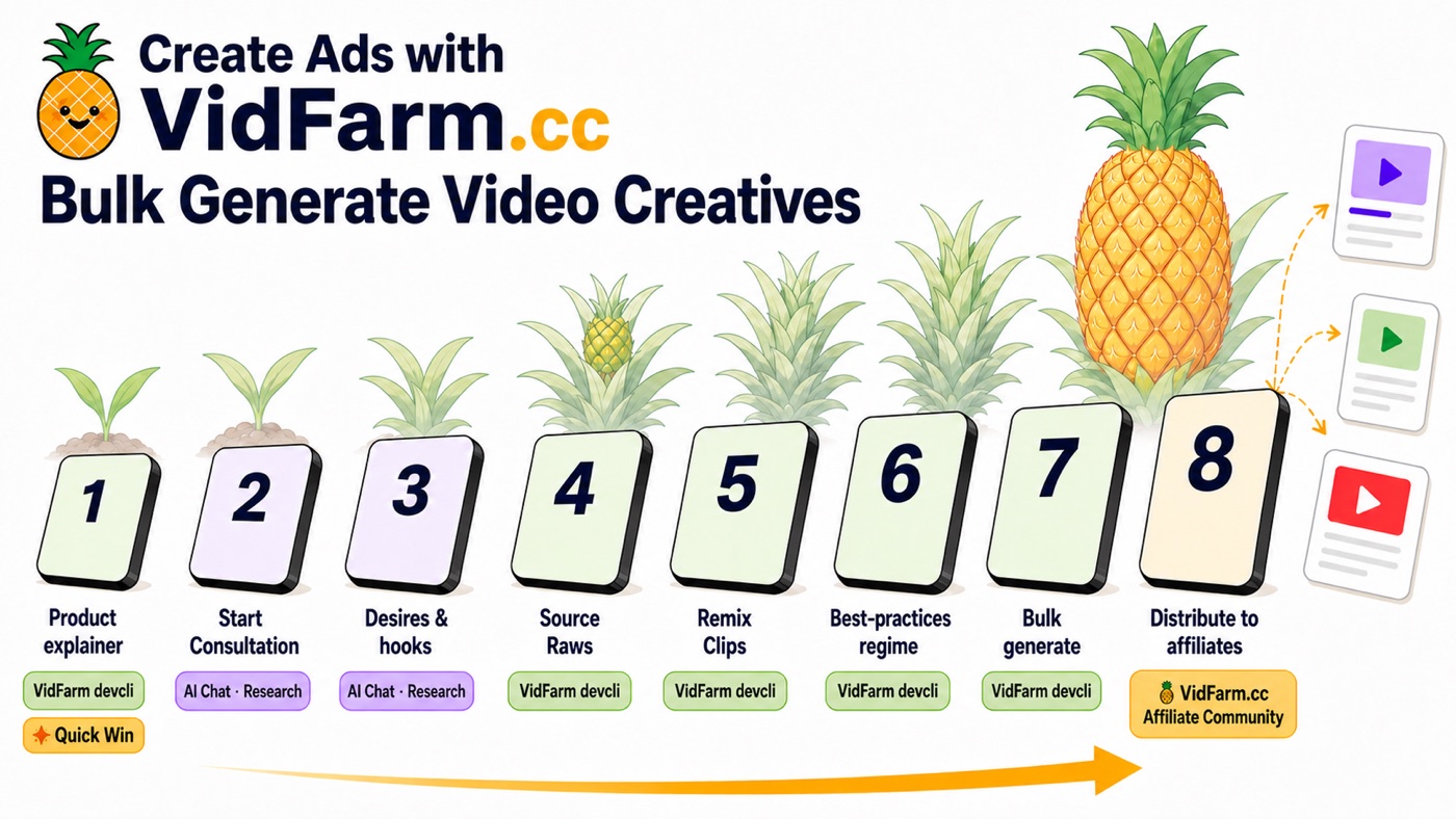 Eight numbered cards in a row, each with a pineapple plant growing taller above it: product explainer, start consultation, desires and hooks, source raws, remix clips, best-practices harness, bulk generate, distribute to affiliates.