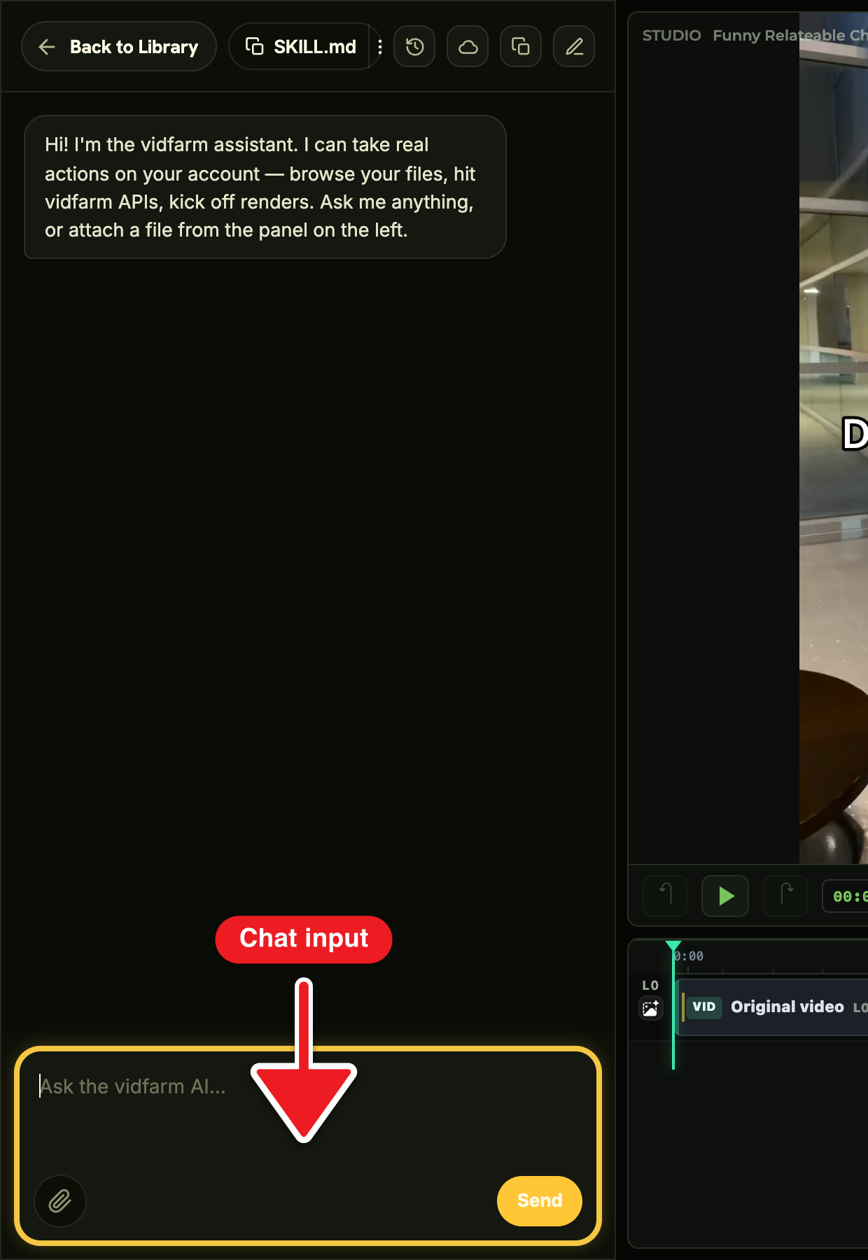The Trackpad Editor chat dock with a hunt prompt typed: 'Hunt 9:16 clips about cold plunges from this podcast URL, ~5 clips around 3 seconds, no on-screen text', and a confirmation that a clip scan has started.